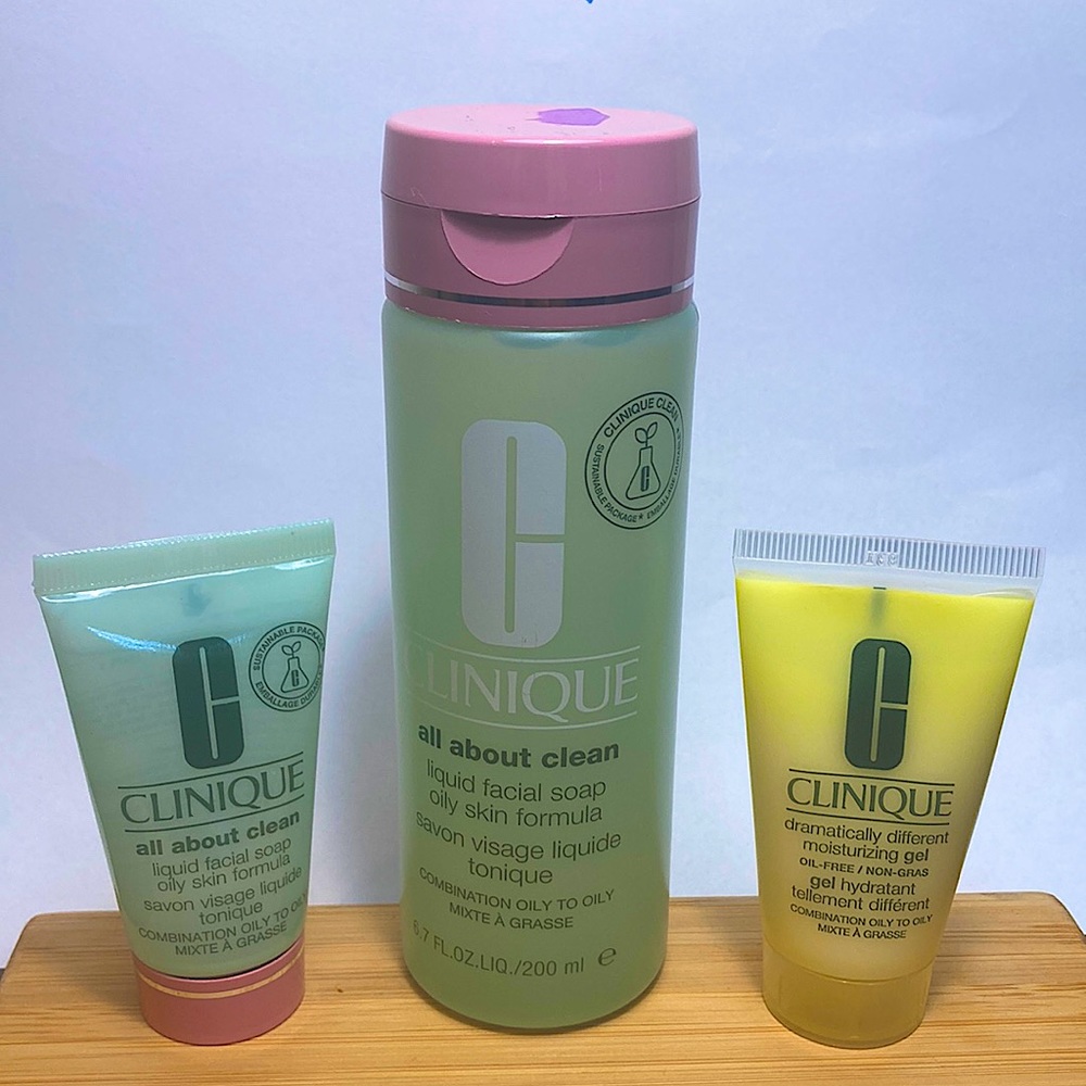 Clinique All About Clean Liquid Facial Soap with travel size and moisturizer gel
